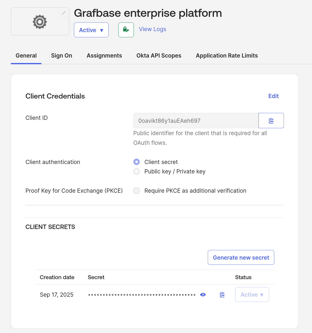Application client id and secret