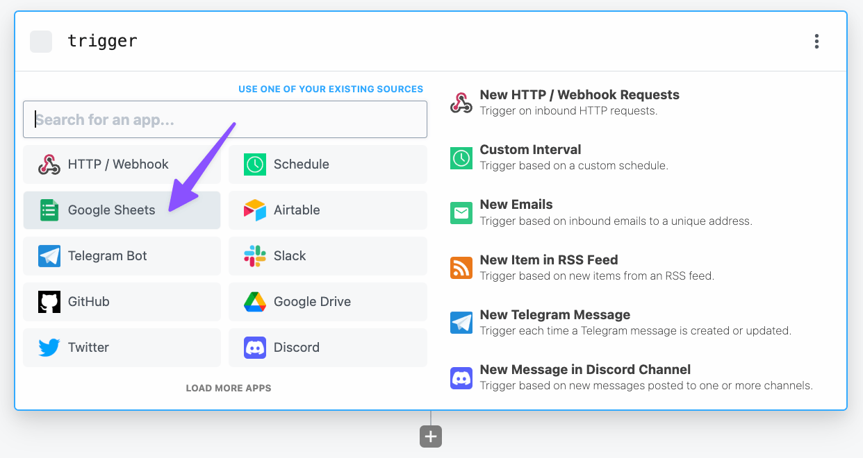 Select Google Sheets as Workflow Trigger