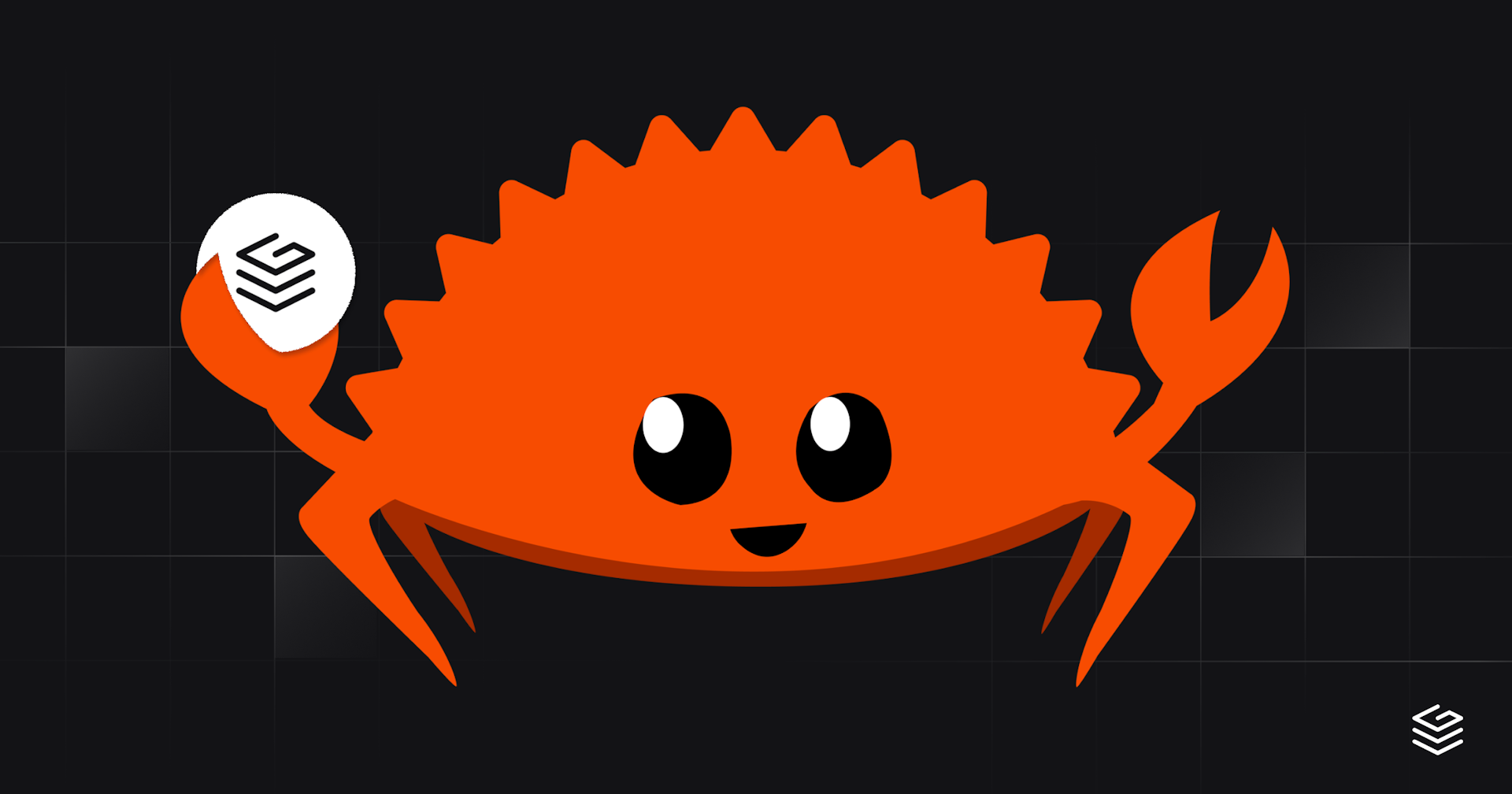 Rust's Ferris (crab mascot) holding up a Grafbase logo