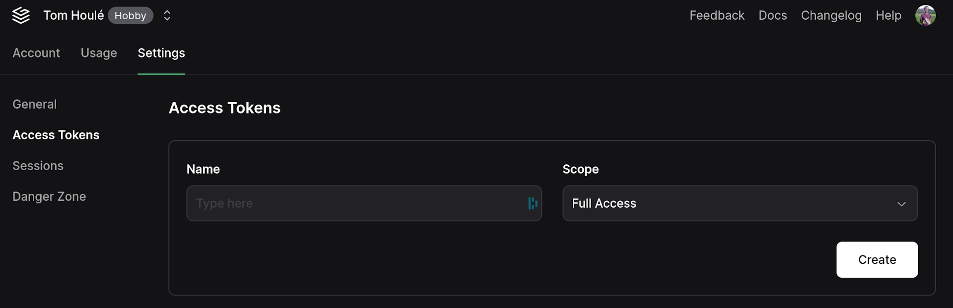 Access tokens view in the dashboard