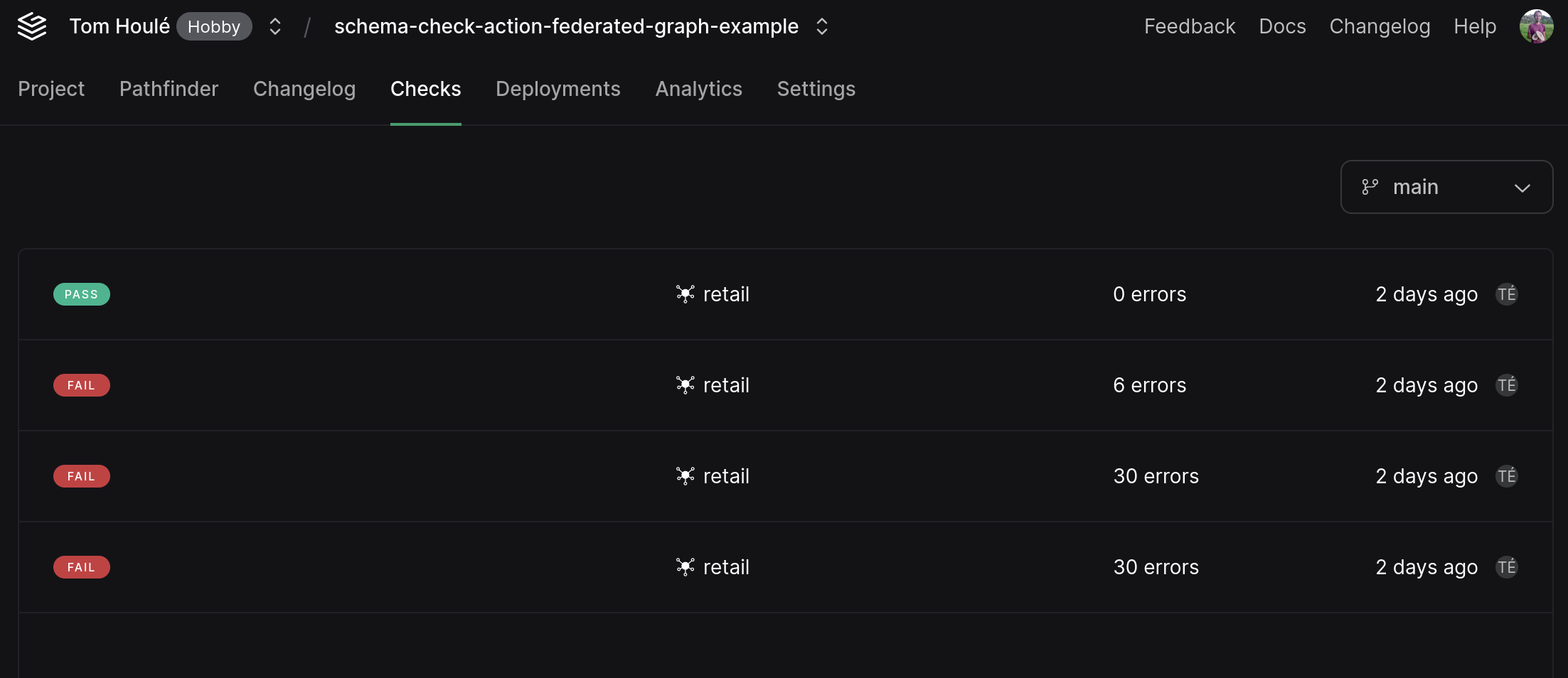 Schema Checks tab in the dashboardd